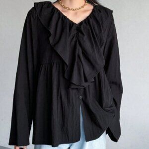 New  Loose Fit V-Neck Ruffle Hem Long Sleeve Blouse Small-Medium/ blouse noire